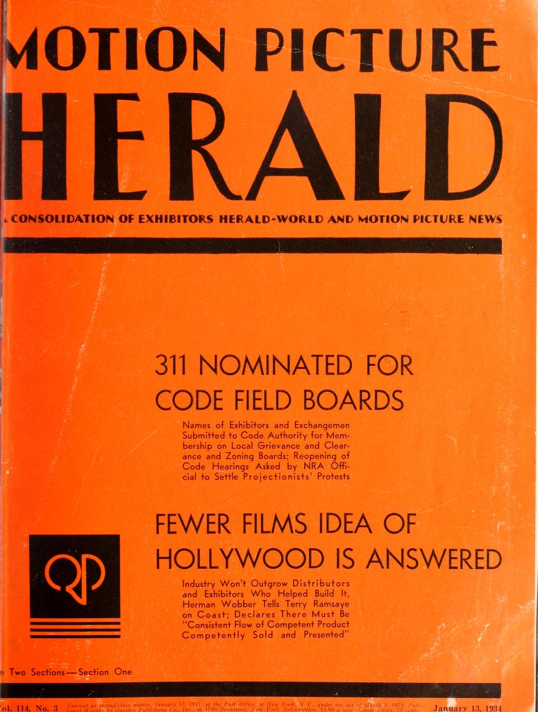 MOTION PICTURE HERALD magazine cover 13 January 1934