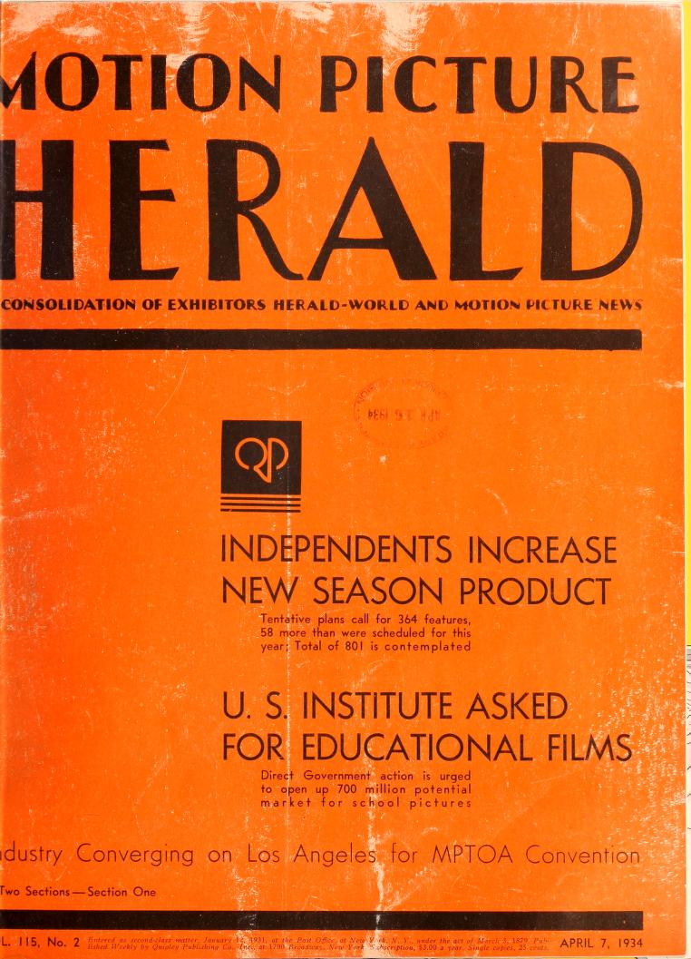 MOTION PICTURE HERALD magazine cover 7 April 1934