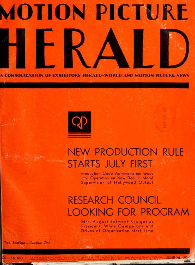 MOTION PICTURE HERALD magazine cover 30 June 1934