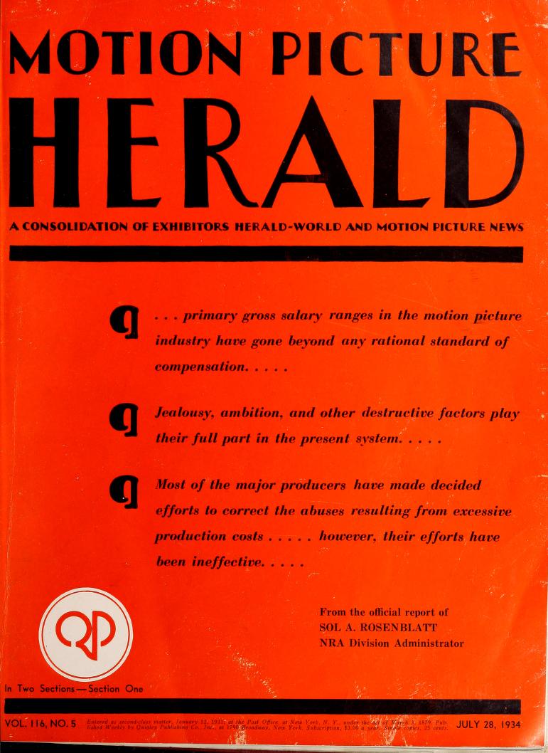 MOTION PICTURE HERALD magazine cover 28 July 1934