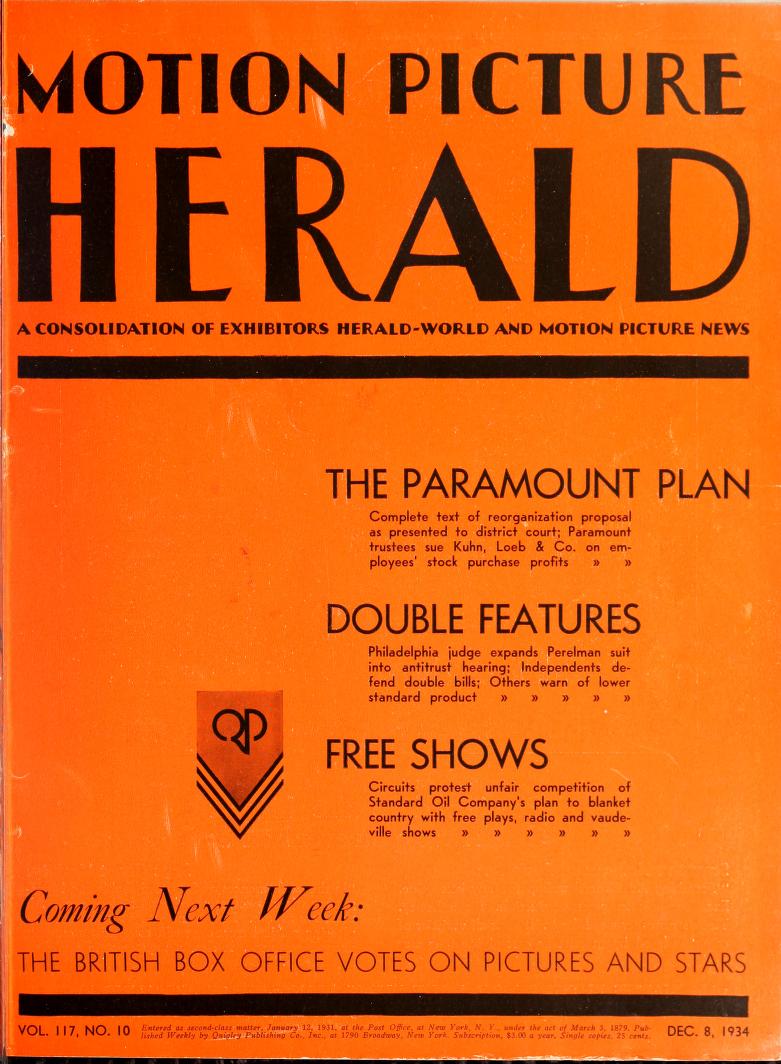 MOTION PICTURE HERALD magazine cover 8 December 1934