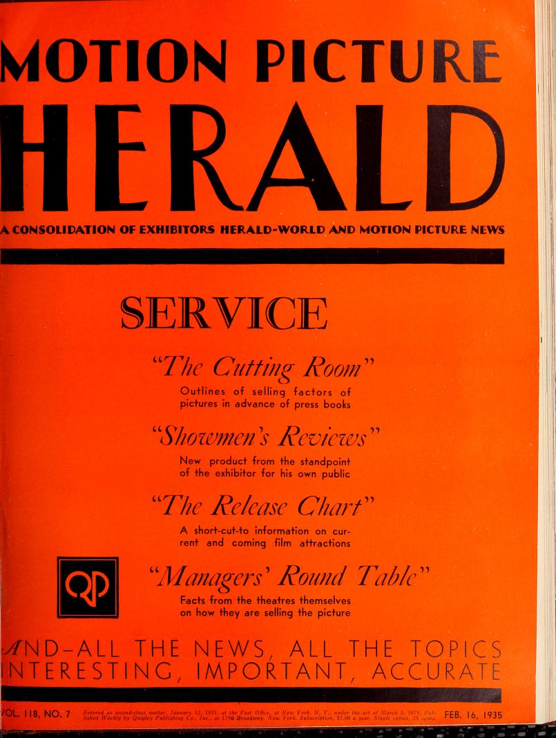 MOTION PICTURE HERALD magazine cover 16 February 1935