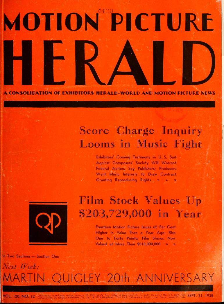 MOTION PICTURE HERALD magazine cover 21 September 1935