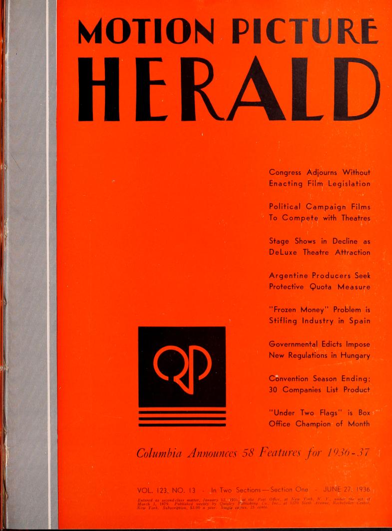 MOTION PICTURE HERALD magazine cover 27 June 1936