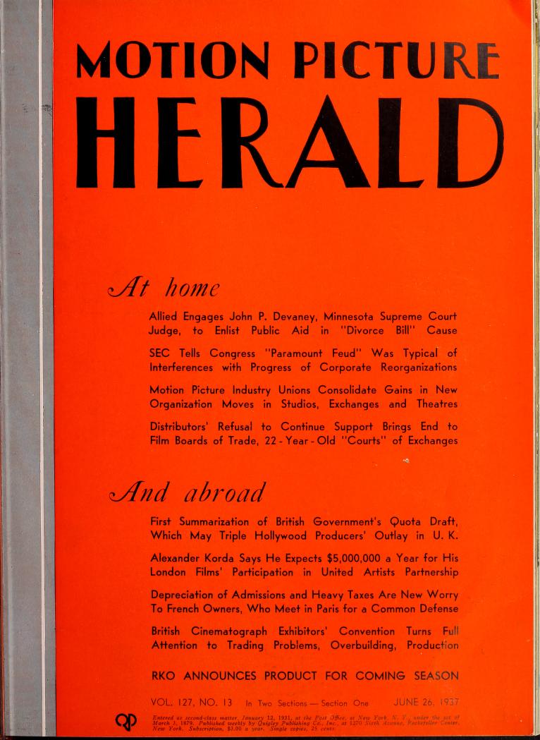 MOTION PICTURE HERALD magazine cover 26 June 1937