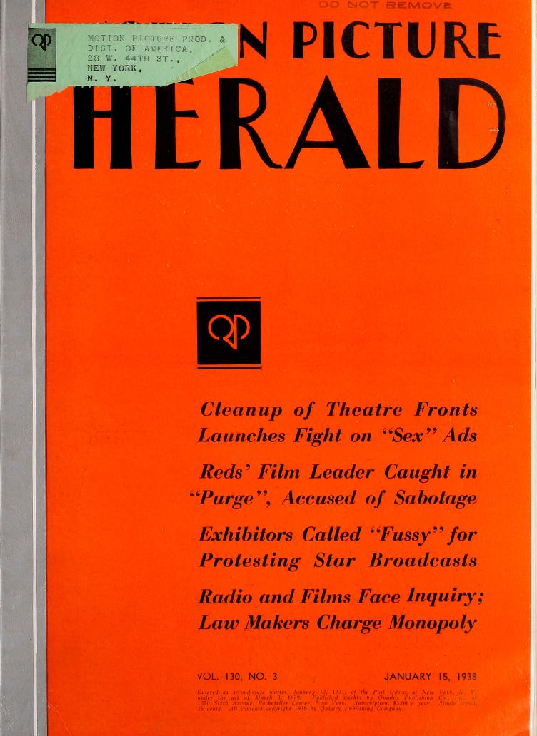 MOTION PICTURE HERALD magazine cover 15 January 1938