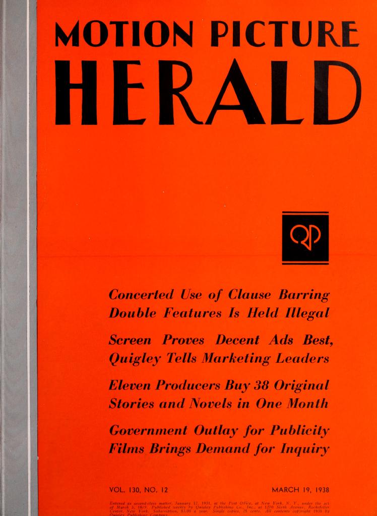 MOTION PICTURE HERALD magazine cover 19 March 1938