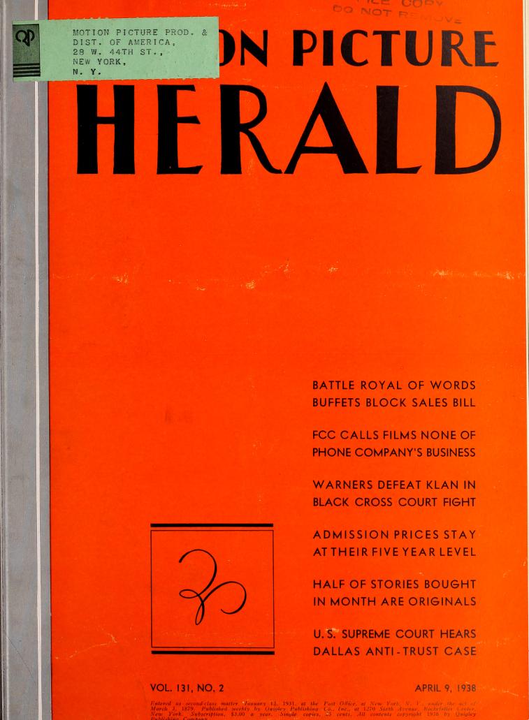 MOTION PICTURE HERALD magazine cover 9 April 1938