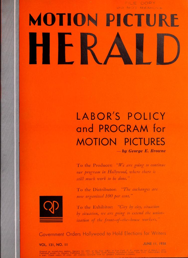 MOTION PICTURE HERALD magazine cover 11 June 1938