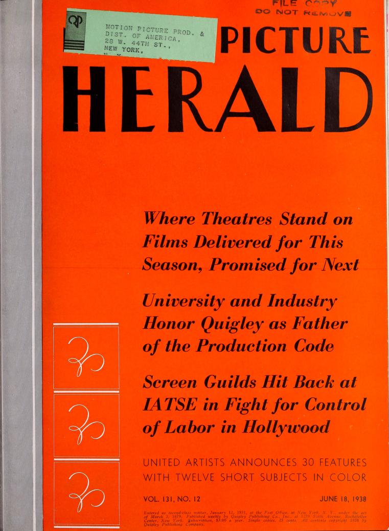 MOTION PICTURE HERALD magazine cover 18 June 1938