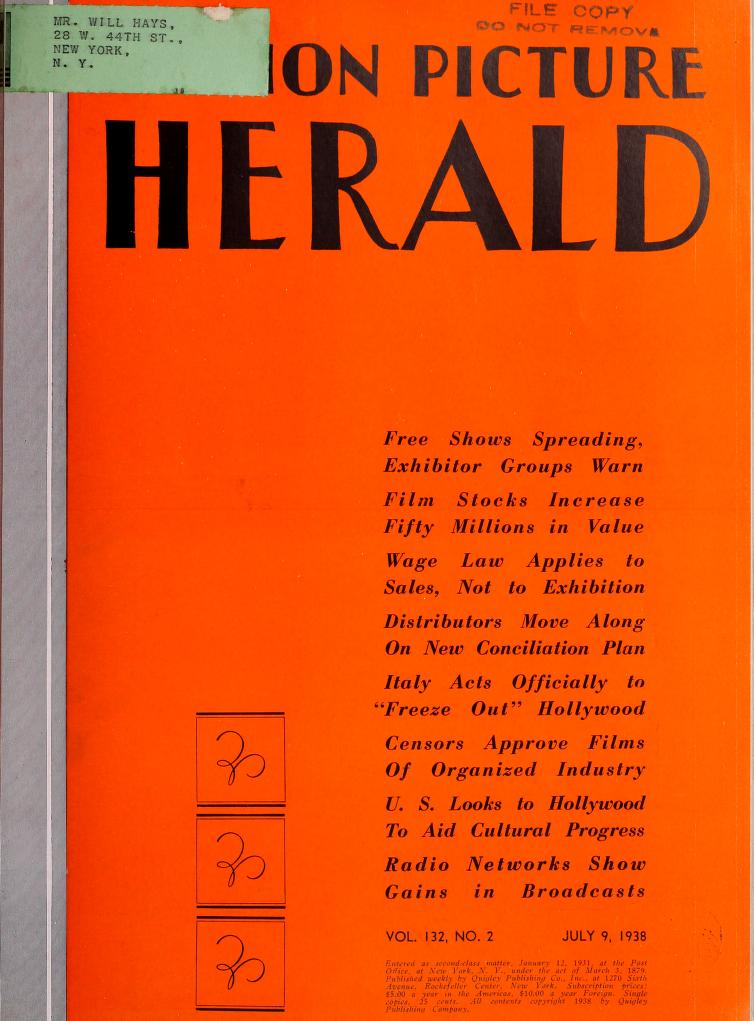 MOTION PICTURE HERALD magazine cover 9 July 1938