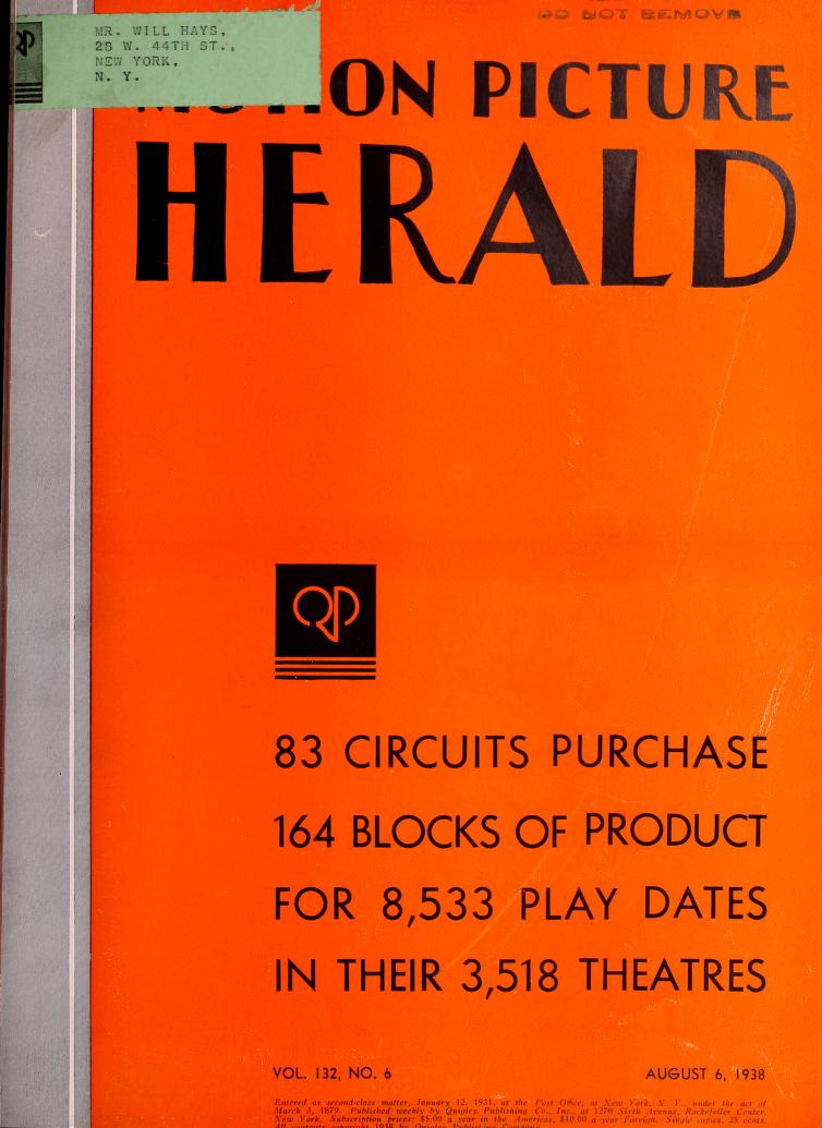 MOTION PICTURE HERALD magazine cover 6 August 1938