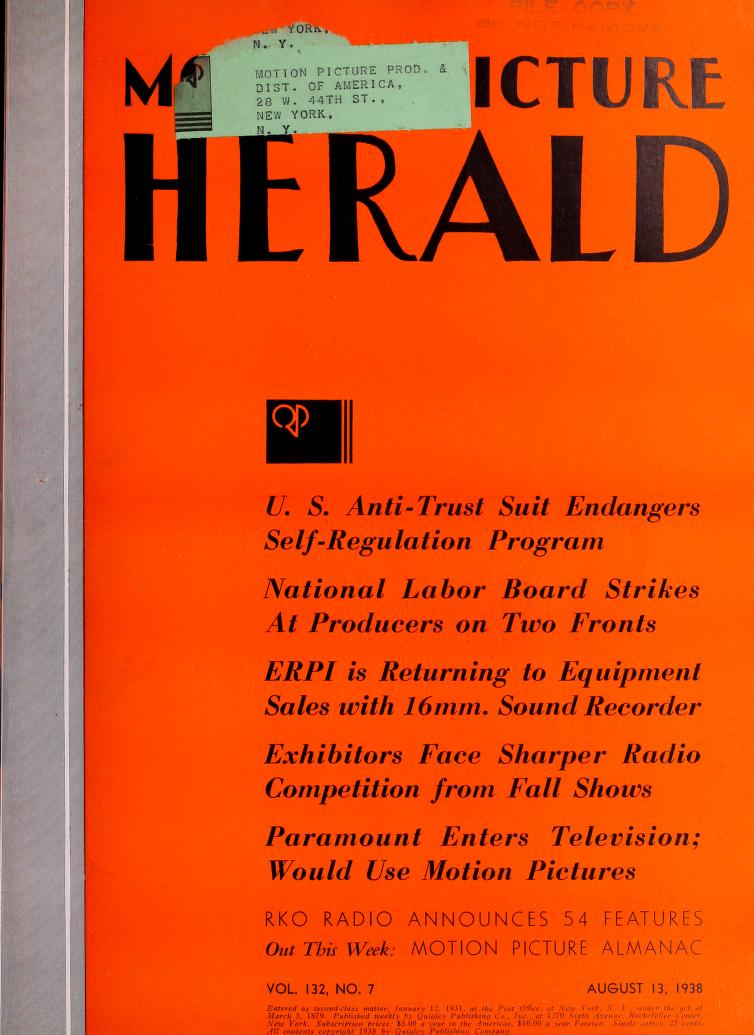 MOTION PICTURE HERALD magazine cover 13 August 1938