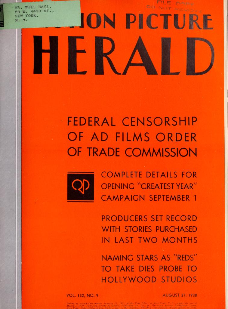 MOTION PICTURE HERALD magazine cover 27 August 1938