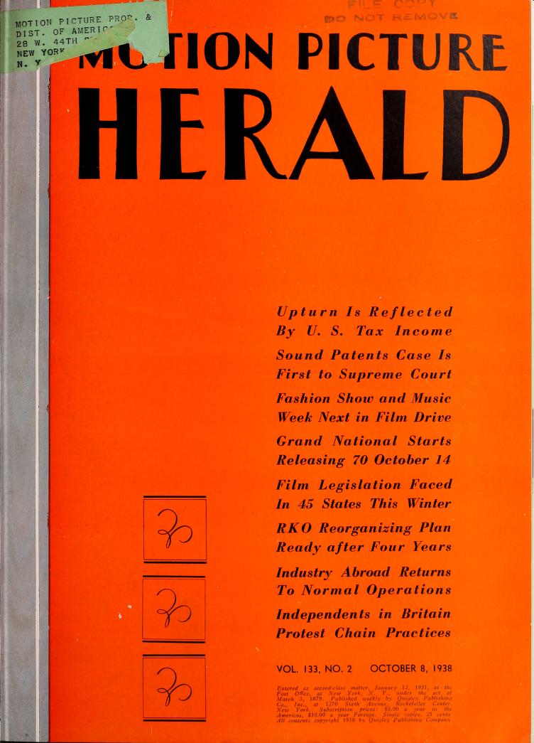 MOTION PICTURE HERALD magazine cover 8 October 1938