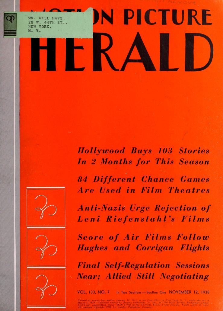 MOTION PICTURE HERALD magazine cover 12 November 1938