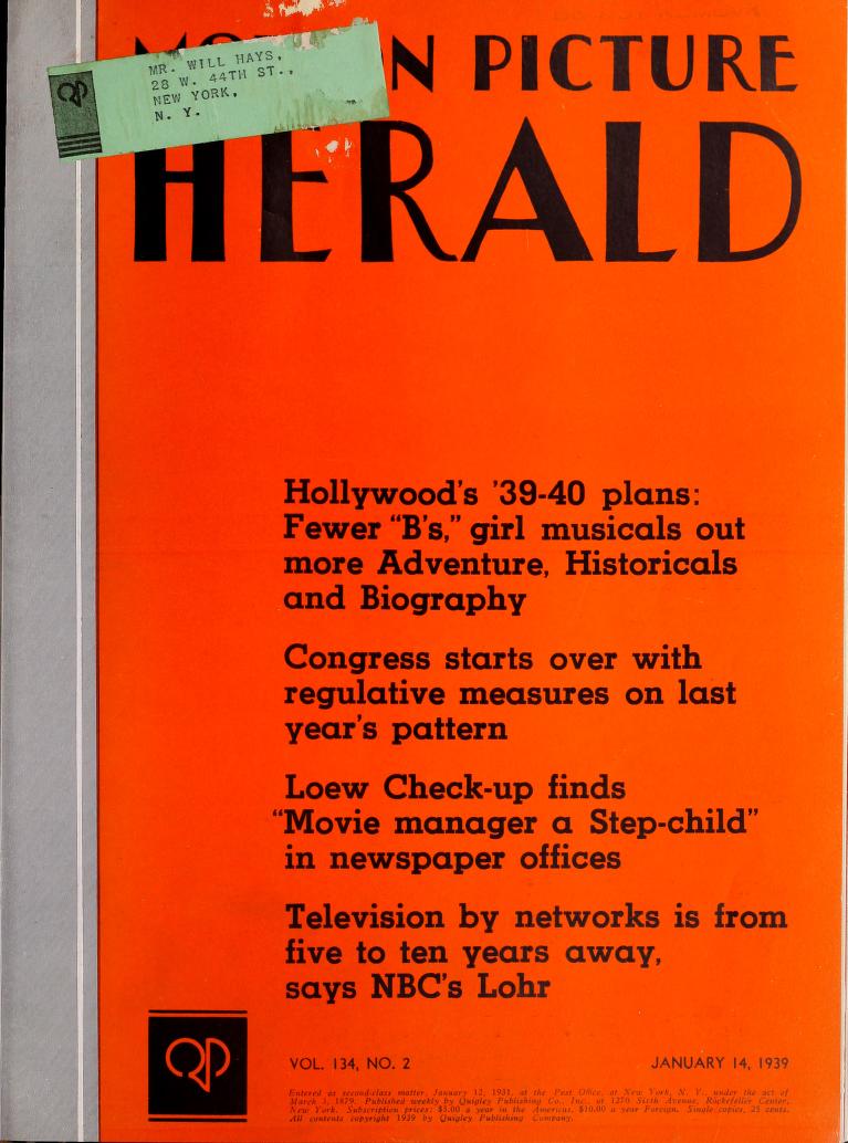 MOTION PICTURE HERALD magazine cover 14 January 1939