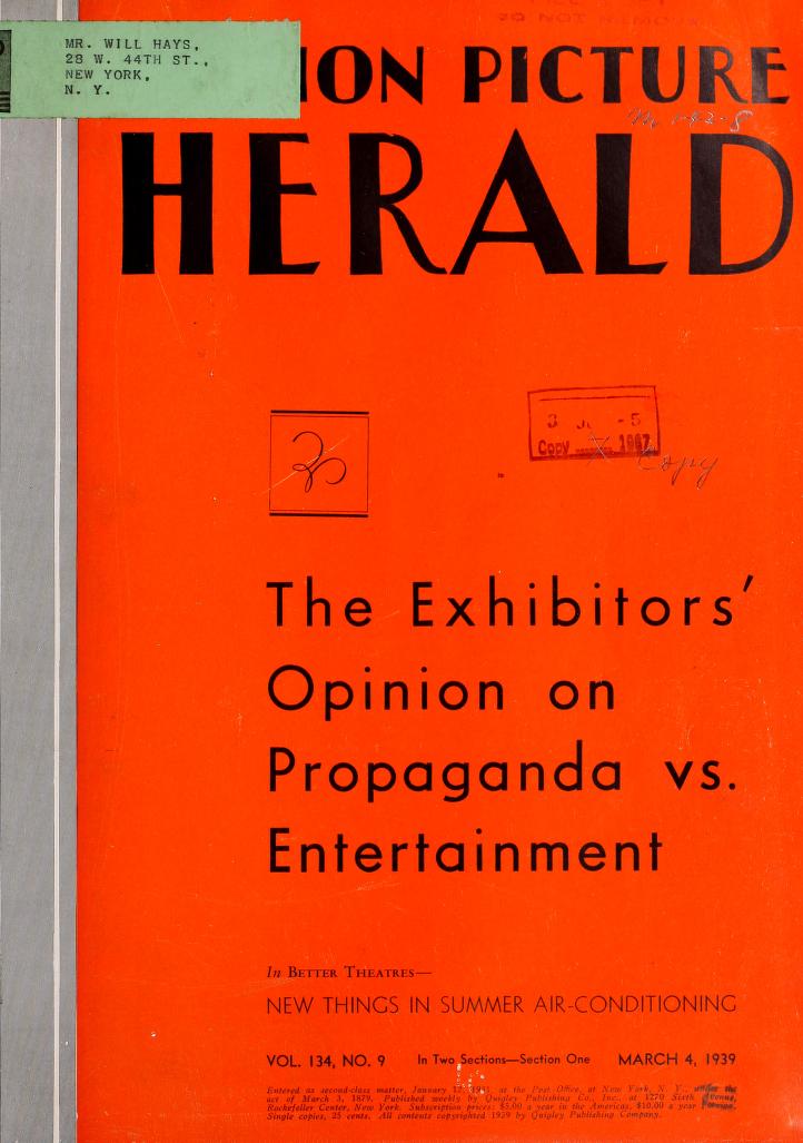 MOTION PICTURE HERALD magazine cover 4 March 1939