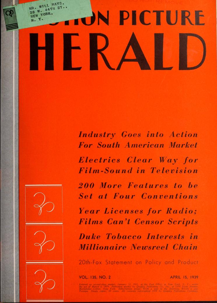 MOTION PICTURE HERALD magazine cover 15 April 1939