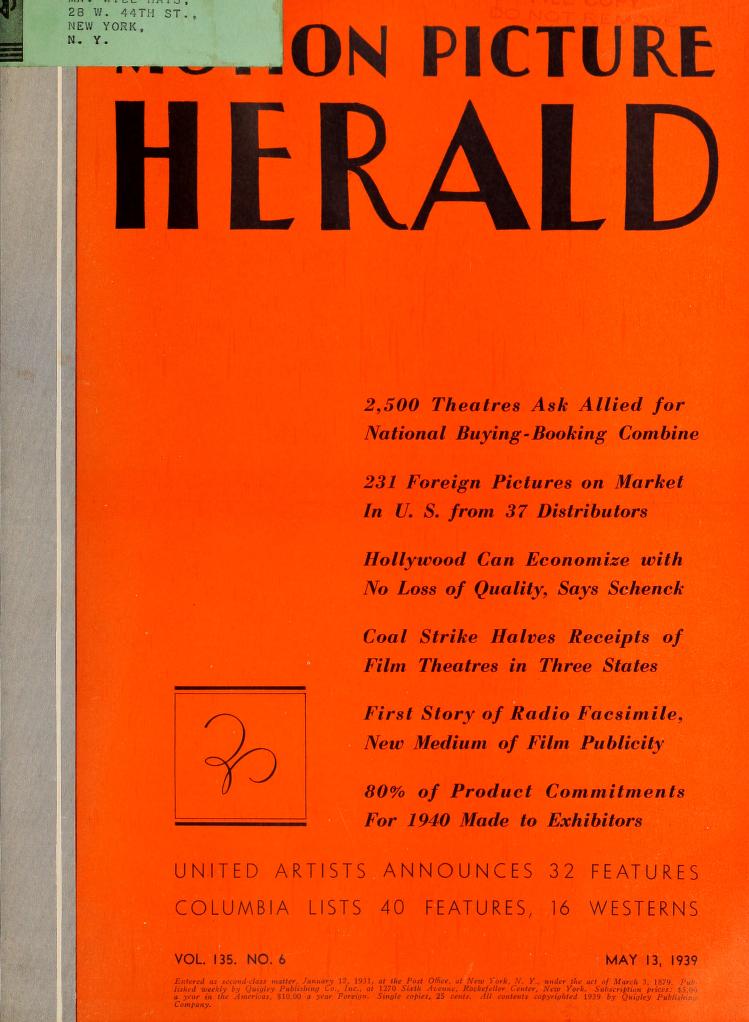 MOTION PICTURE HERALD magazine cover 13 May 1939