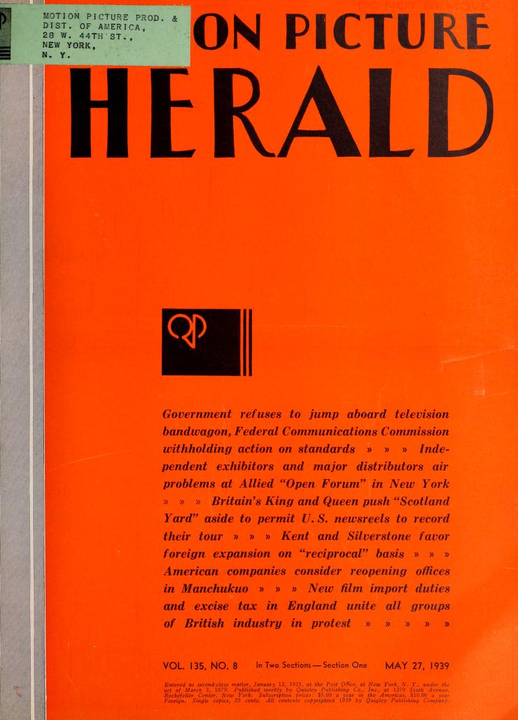 MOTION PICTURE HERALD magazine cover 27 May 1939