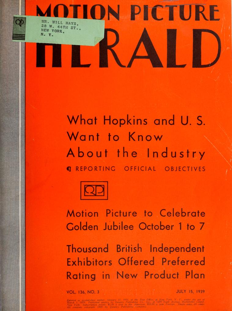 MOTION PICTURE HERALD magazine cover 15 July 1939