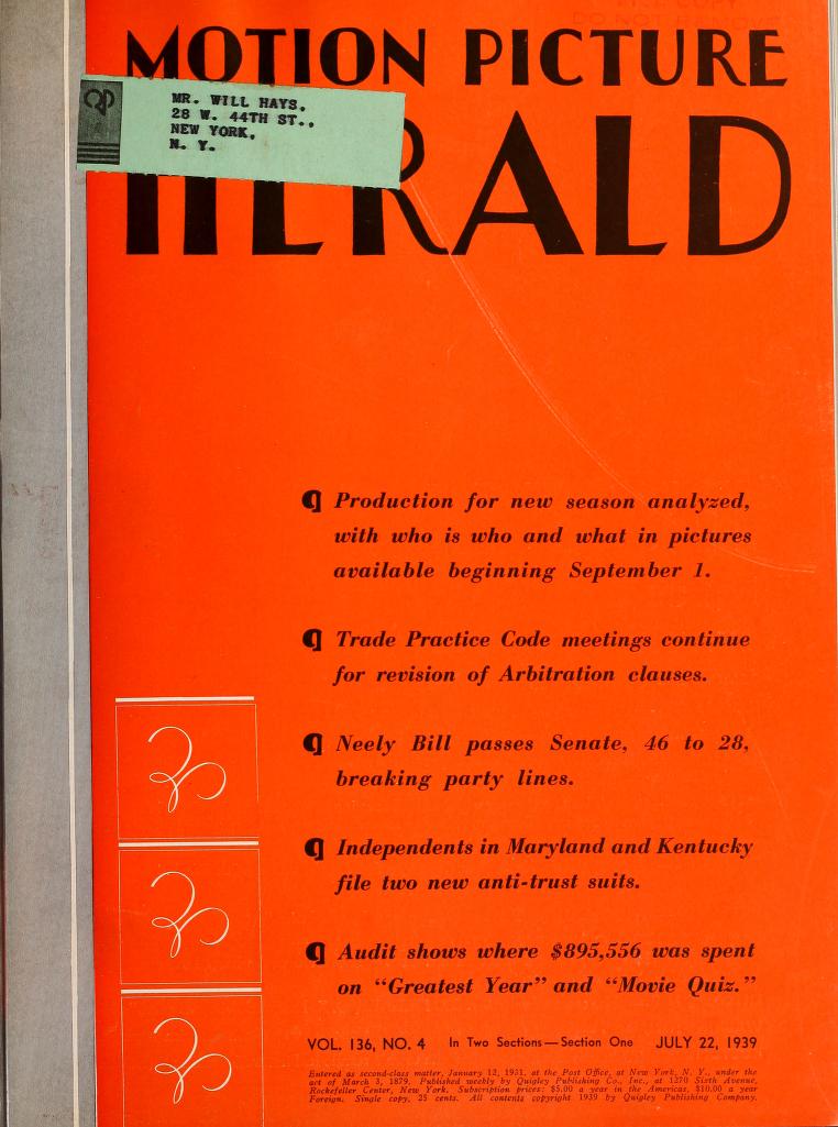 MOTION PICTURE HERALD magazine cover 22 July 1939