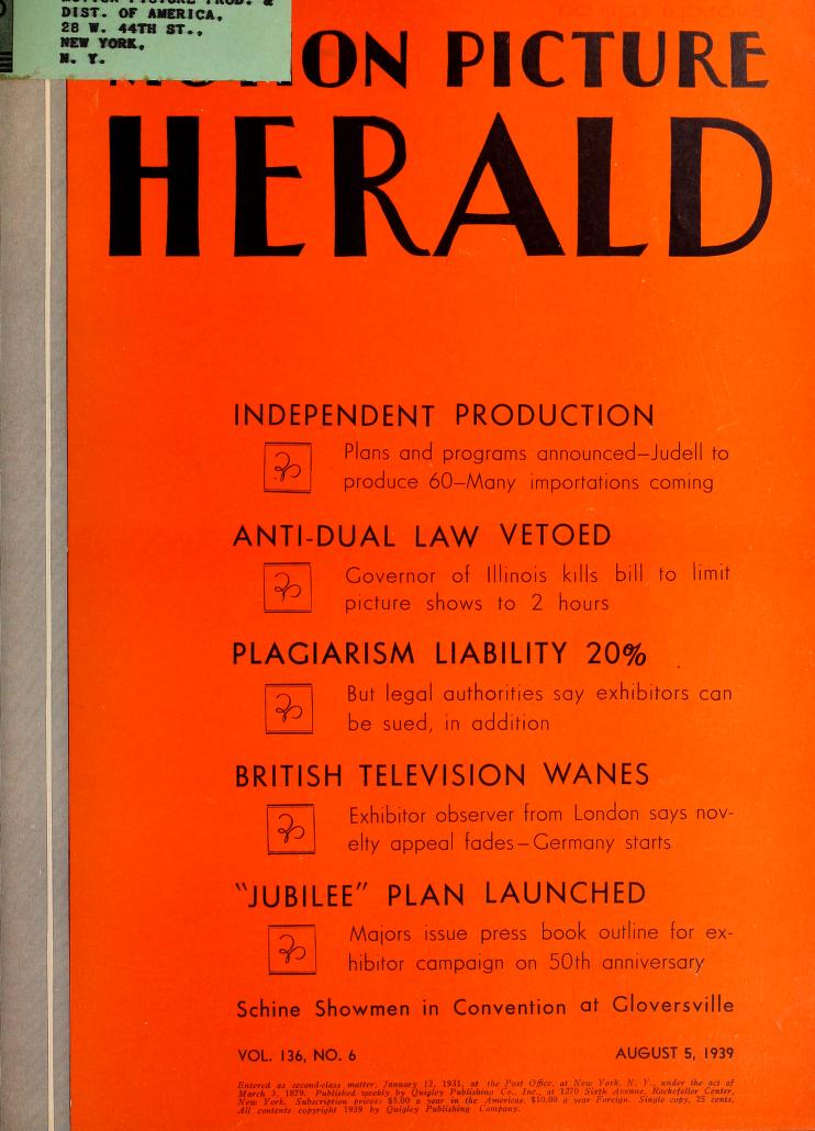 MOTION PICTURE HERALD magazine cover 5 August 1939