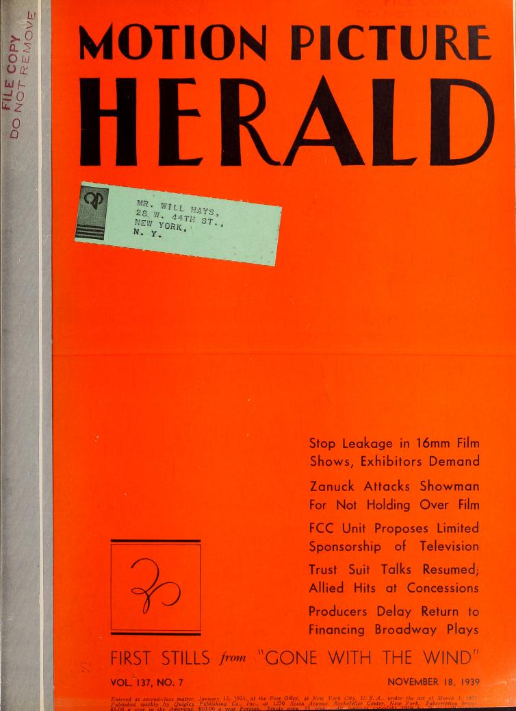 MOTION PICTURE HERALD magazine cover 18 November 1939
