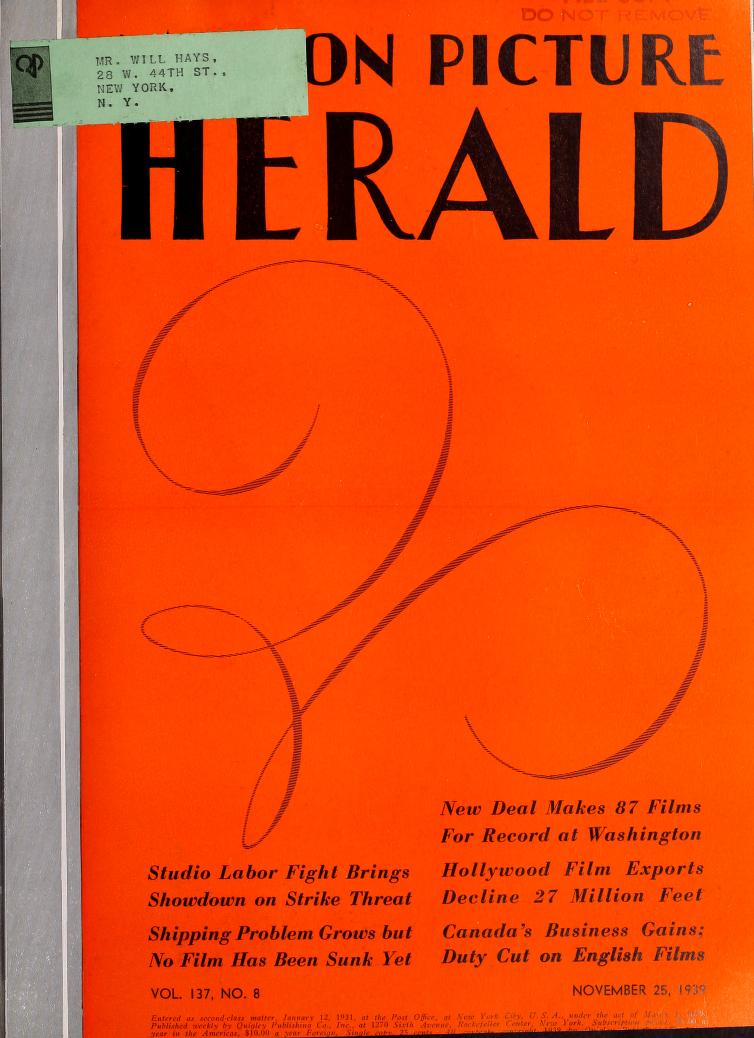 MOTION PICTURE HERALD magazine cover 25 November 1939