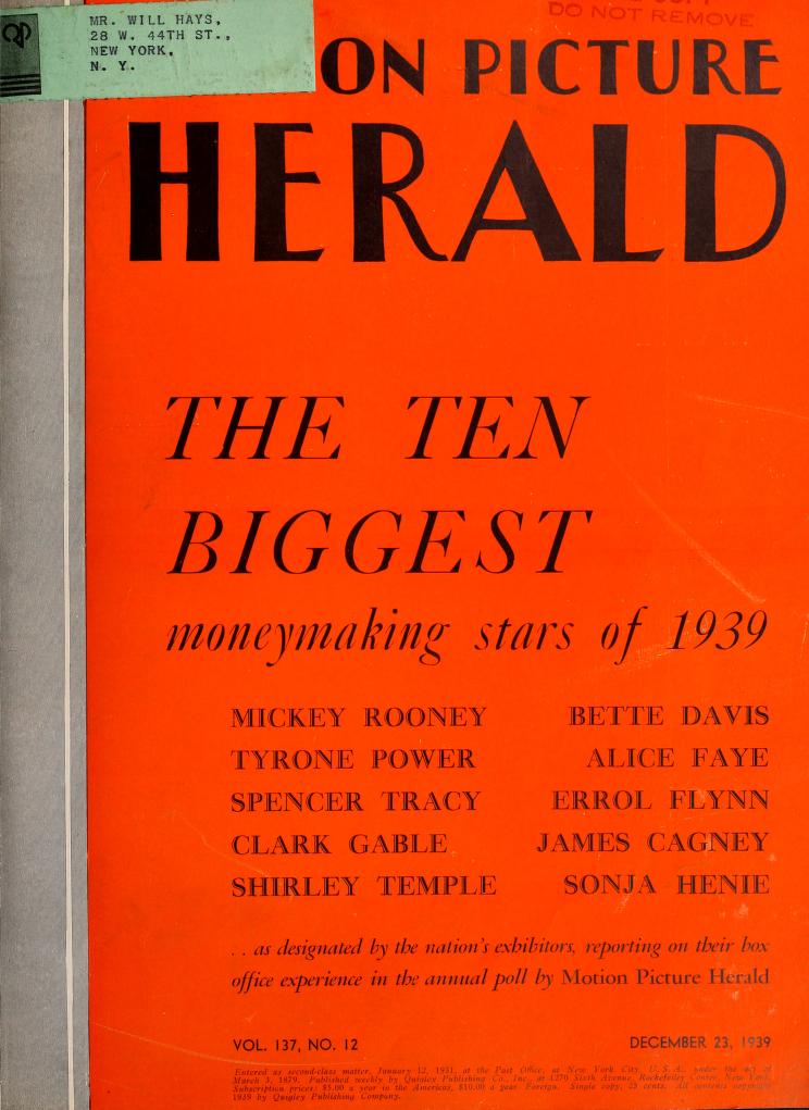 MOTION PICTURE HERALD magazine cover 23 December 1939