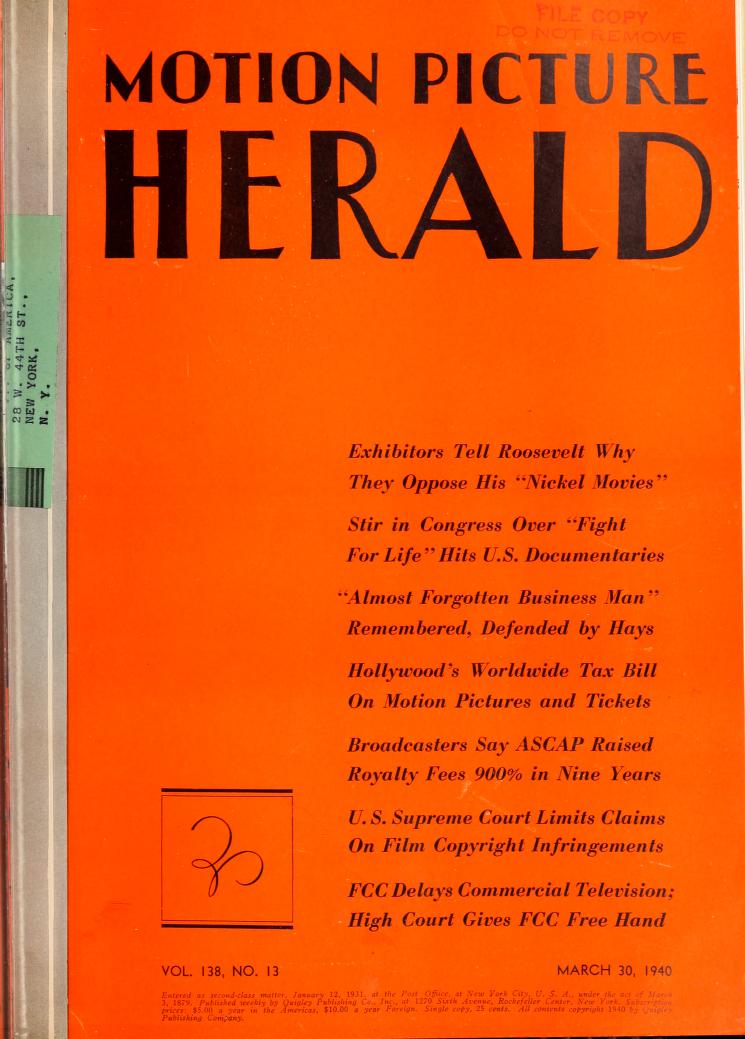 MOTION PICTURE HERALD magazine cover 30 March 1940