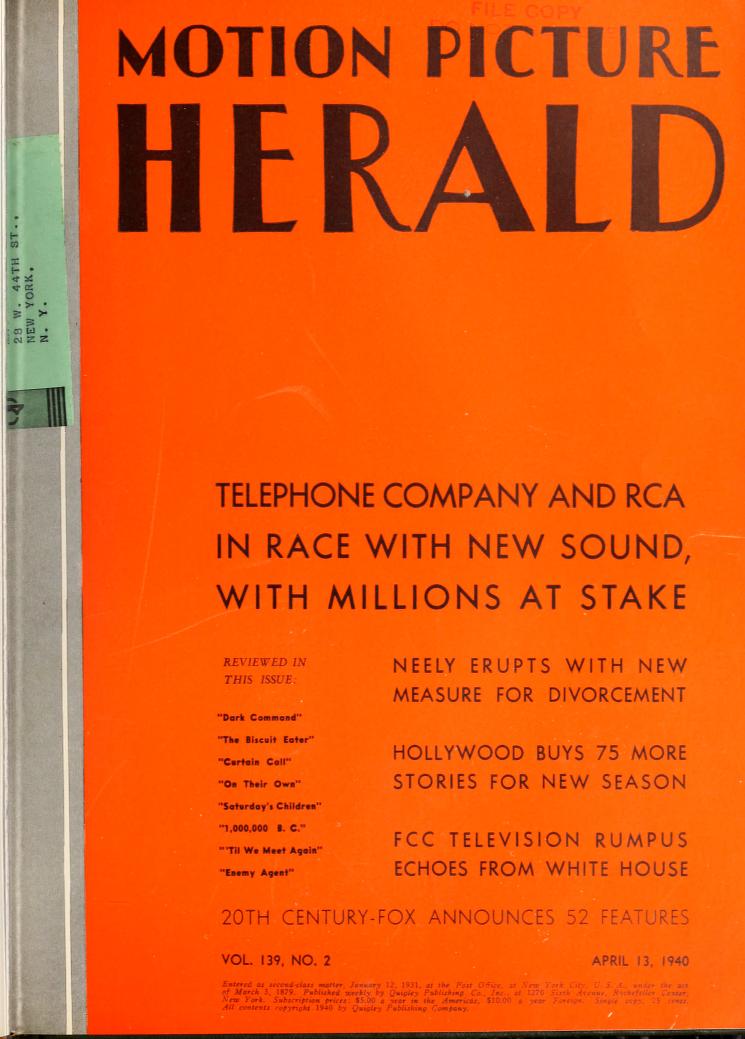 MOTION PICTURE HERALD magazine cover 13 April 1940
