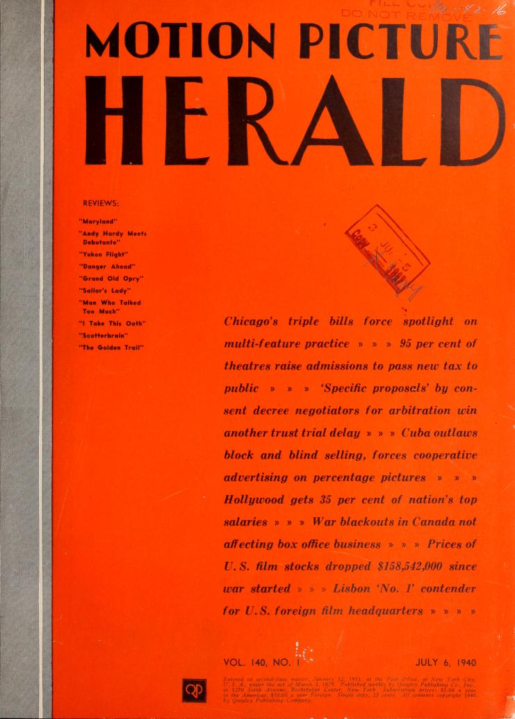MOTION PICTURE HERALD magazine cover 6 July 1940