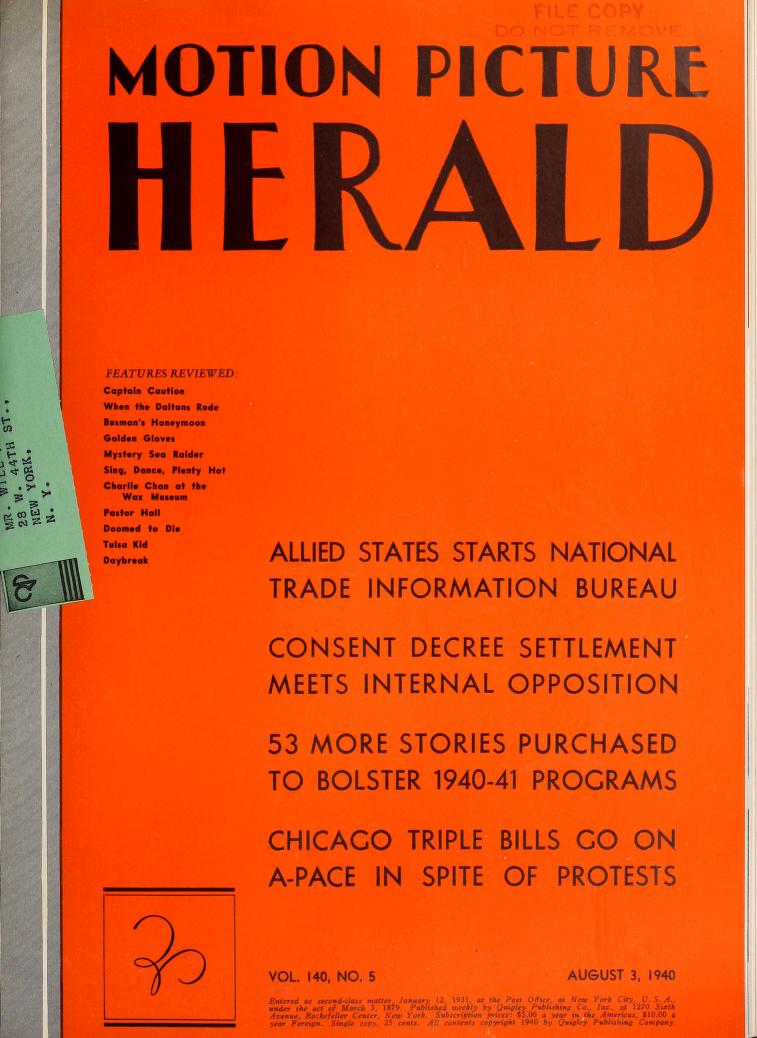MOTION PICTURE HERALD magazine cover 3 August 1940