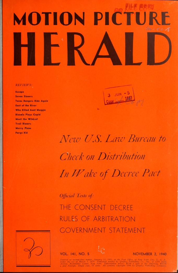 MOTION PICTURE HERALD magazine cover 2 November 1940