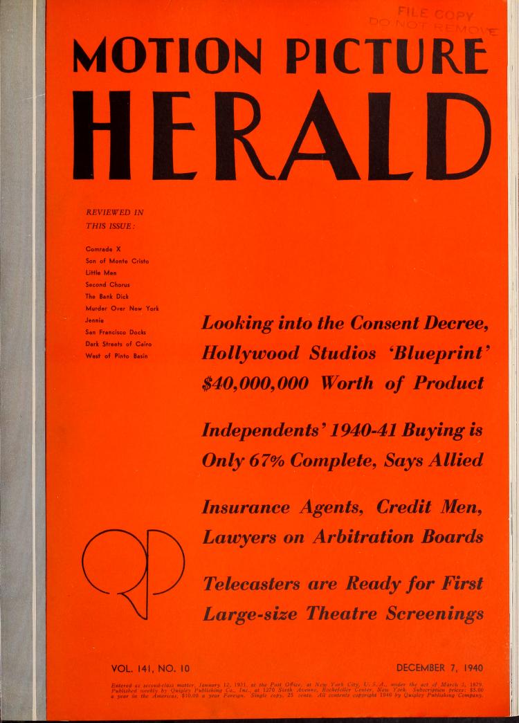 MOTION PICTURE HERALD magazine cover 7 December 1940