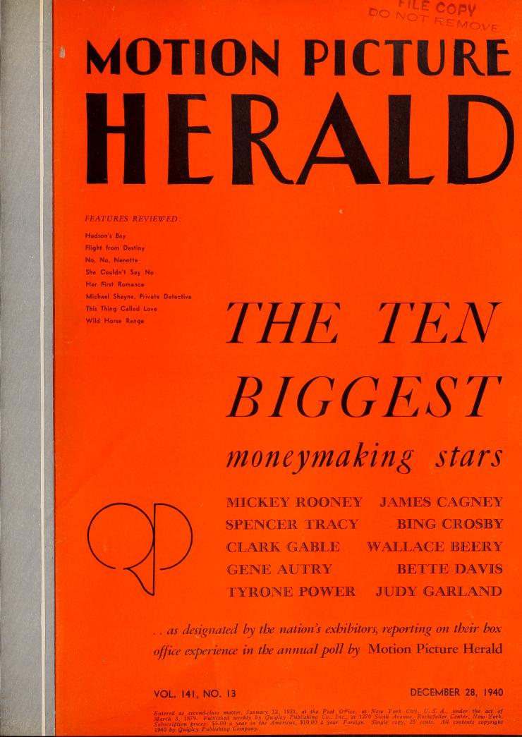 MOTION PICTURE HERALD magazine cover 28 December 1940