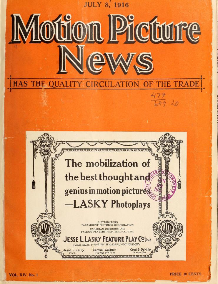MOTION PICTURE NEWS magazine side cover 8 July 1916