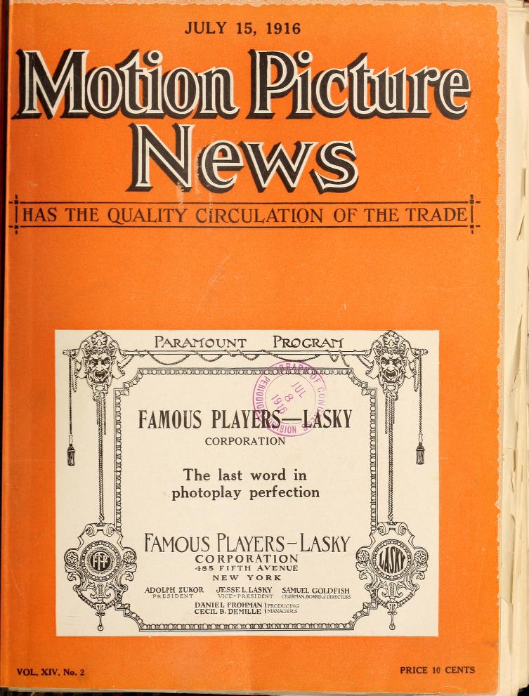 MOTION PICTURE NEWS magazine side cover 15 July 1916