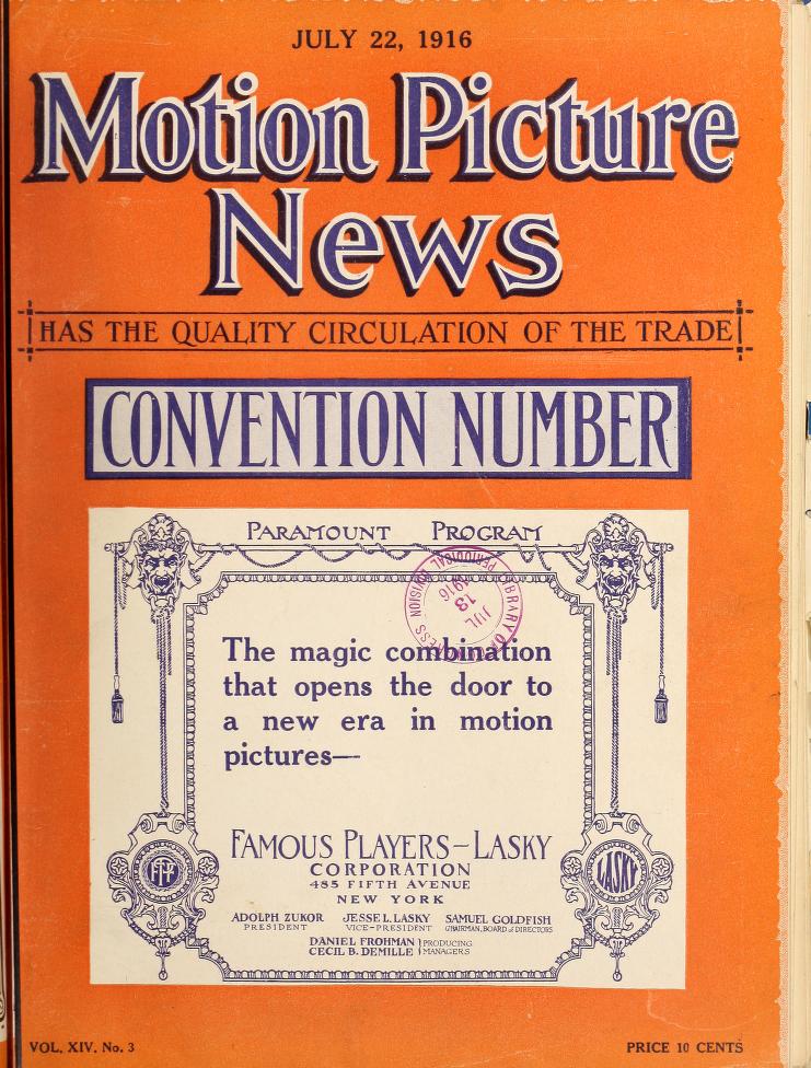 MOTION PICTURE NEWS magazine side cover 22 July 1916