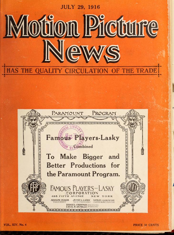 MOTION PICTURE NEWS magazine side cover 29 July 1916
