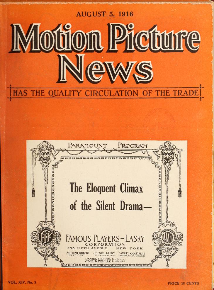 MOTION PICTURE NEWS magazine side cover 5 August 1916