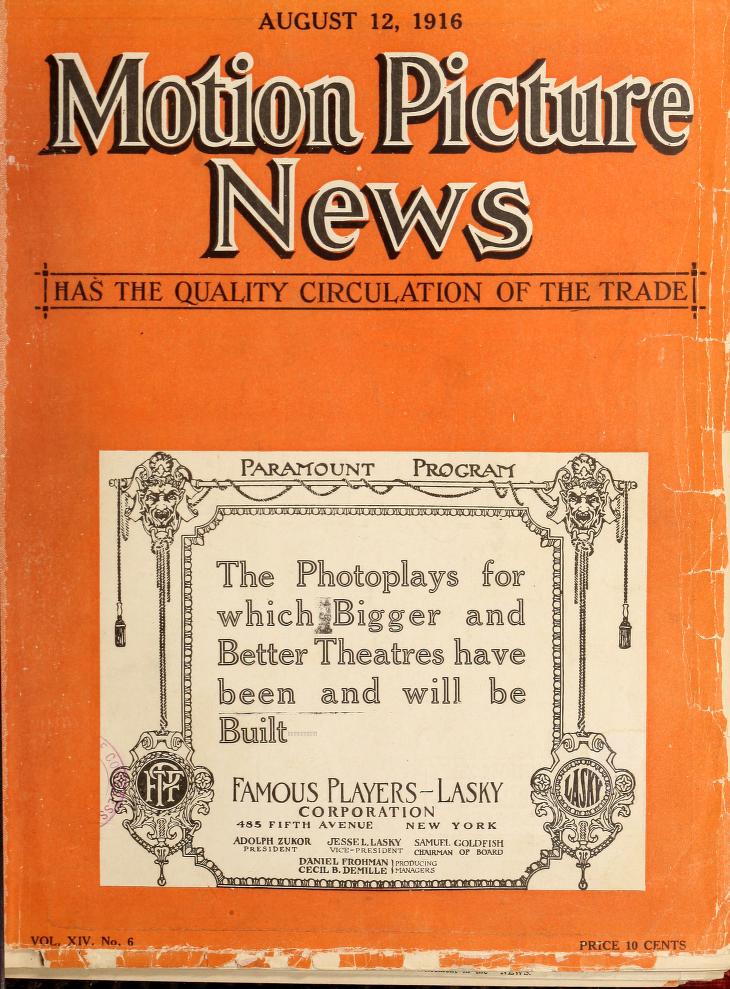 MOTION PICTURE NEWS magazine side cover 12 August 1916
