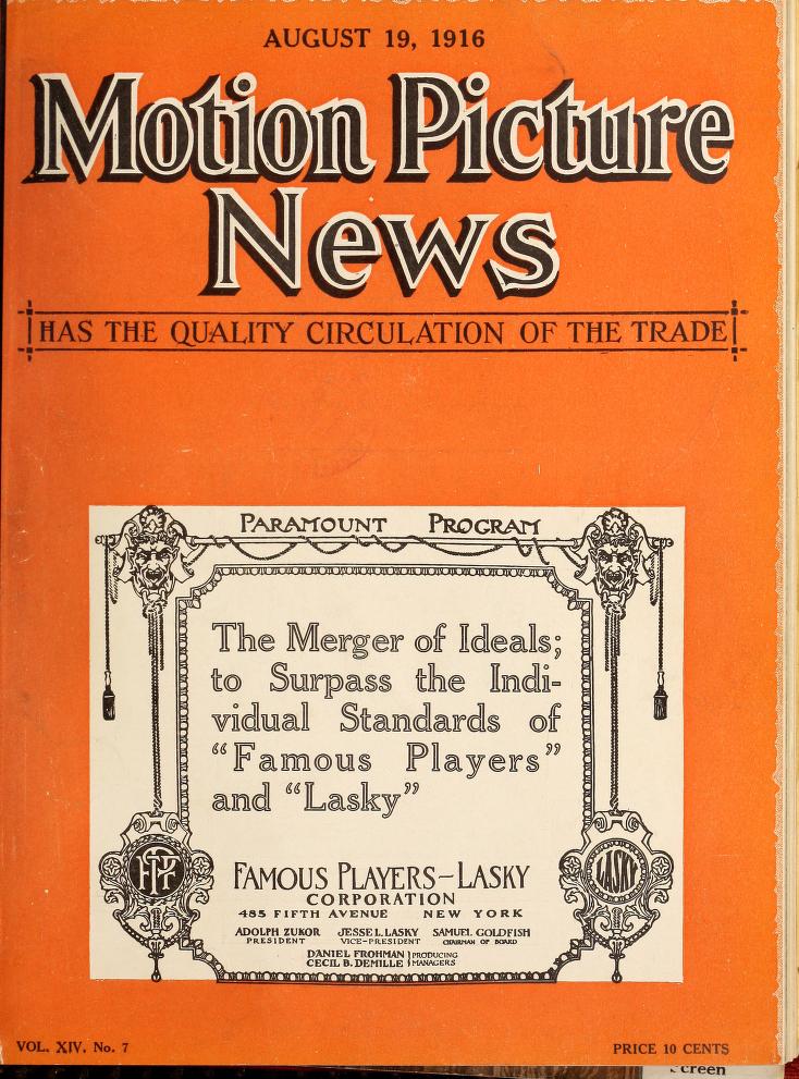 MOTION PICTURE NEWS magazine side cover 19 August 1916