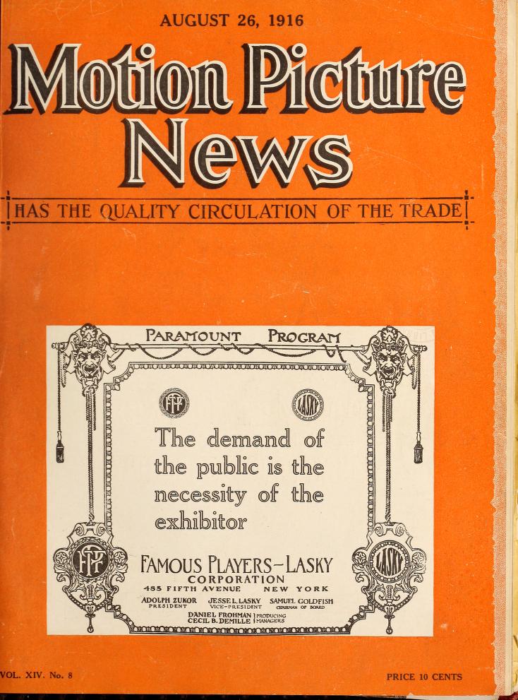 MOTION PICTURE NEWS magazine side cover 26 August 1916