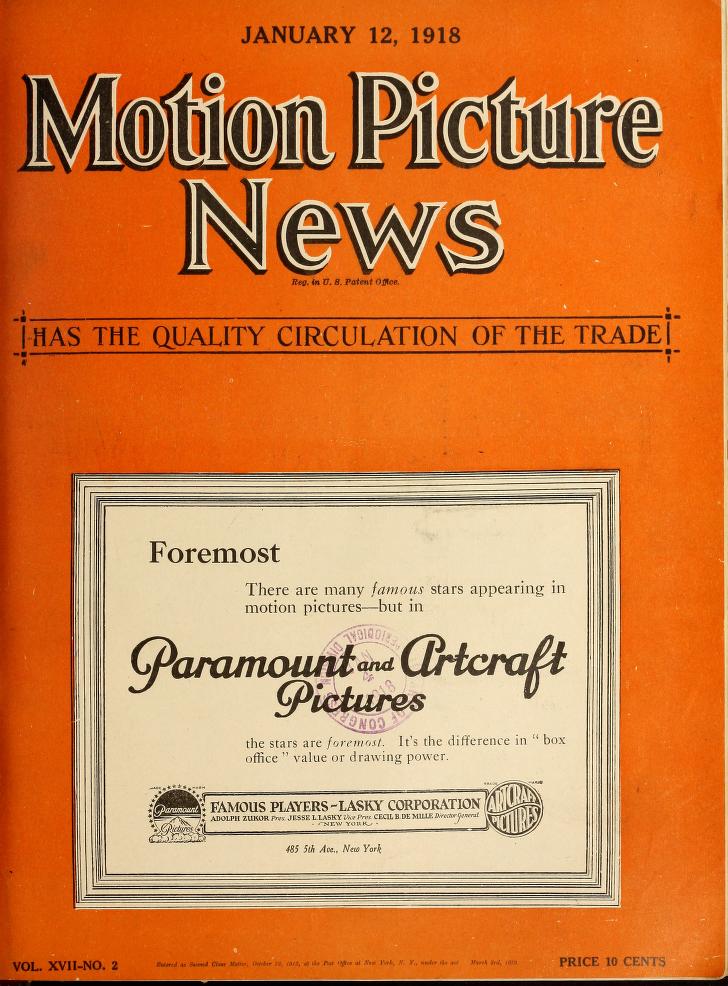 MOTION PICTURE NEWS magazine side cover 12 January 1918