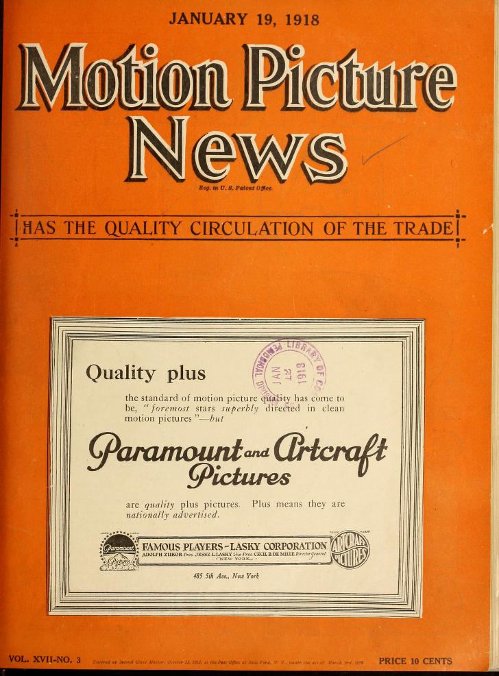 MOTION PICTURE NEWS magazine side cover 19 January 1918