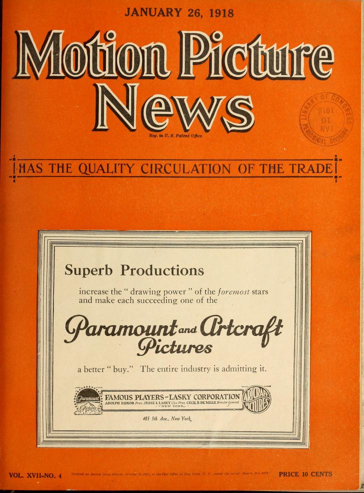 MOTION PICTURE NEWS magazine side cover 26 January 1918