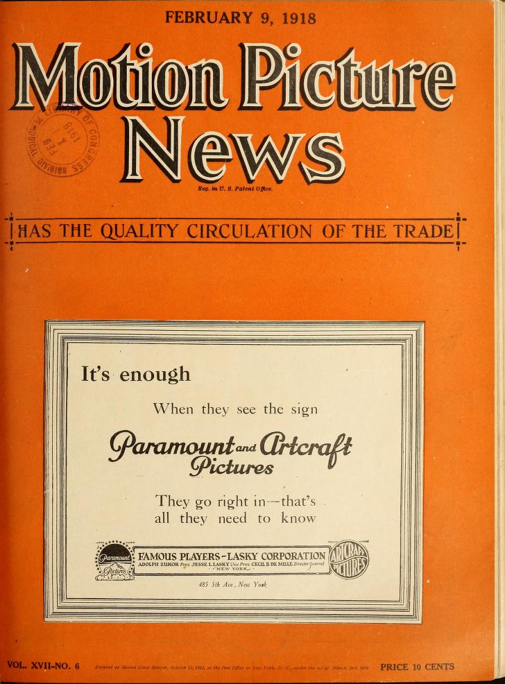 MOTION PICTURE NEWS magazine side cover 9 February 1918